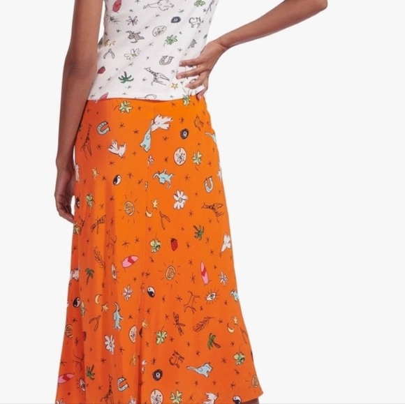 Staud Hash Good Vibes Fun Novelty print Orange Nectarine midi skirt - Picture 2 of 14